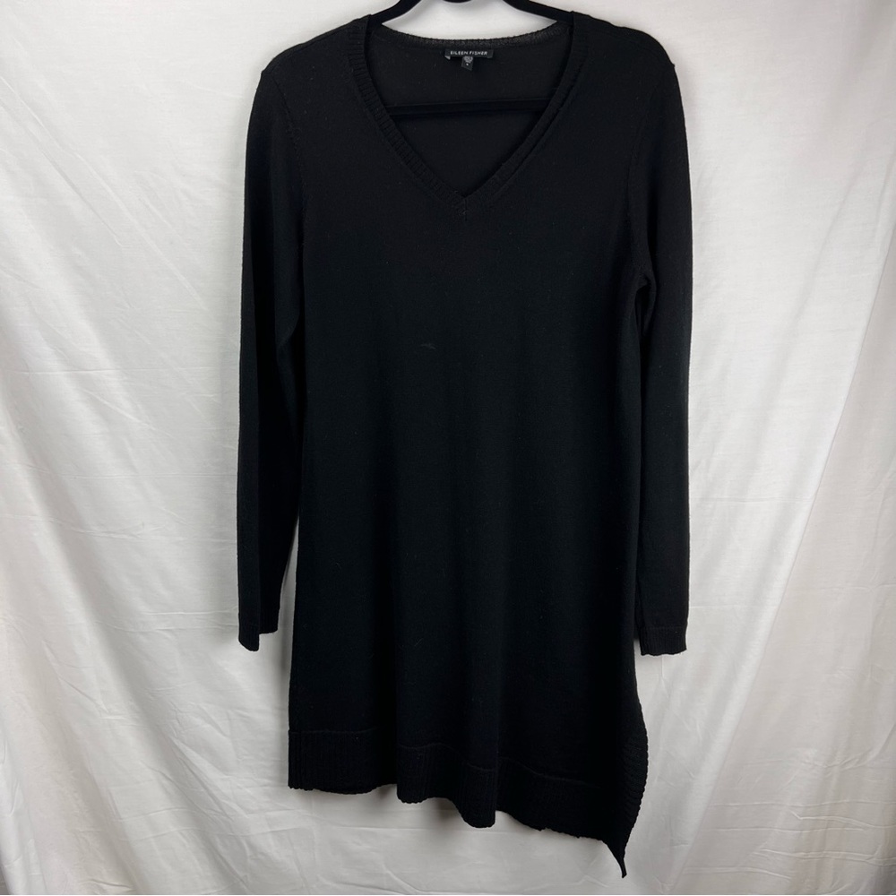 Eileen Fisher Women’s 100% Merino Wool Black Asymmetrical Hem Dress Size S